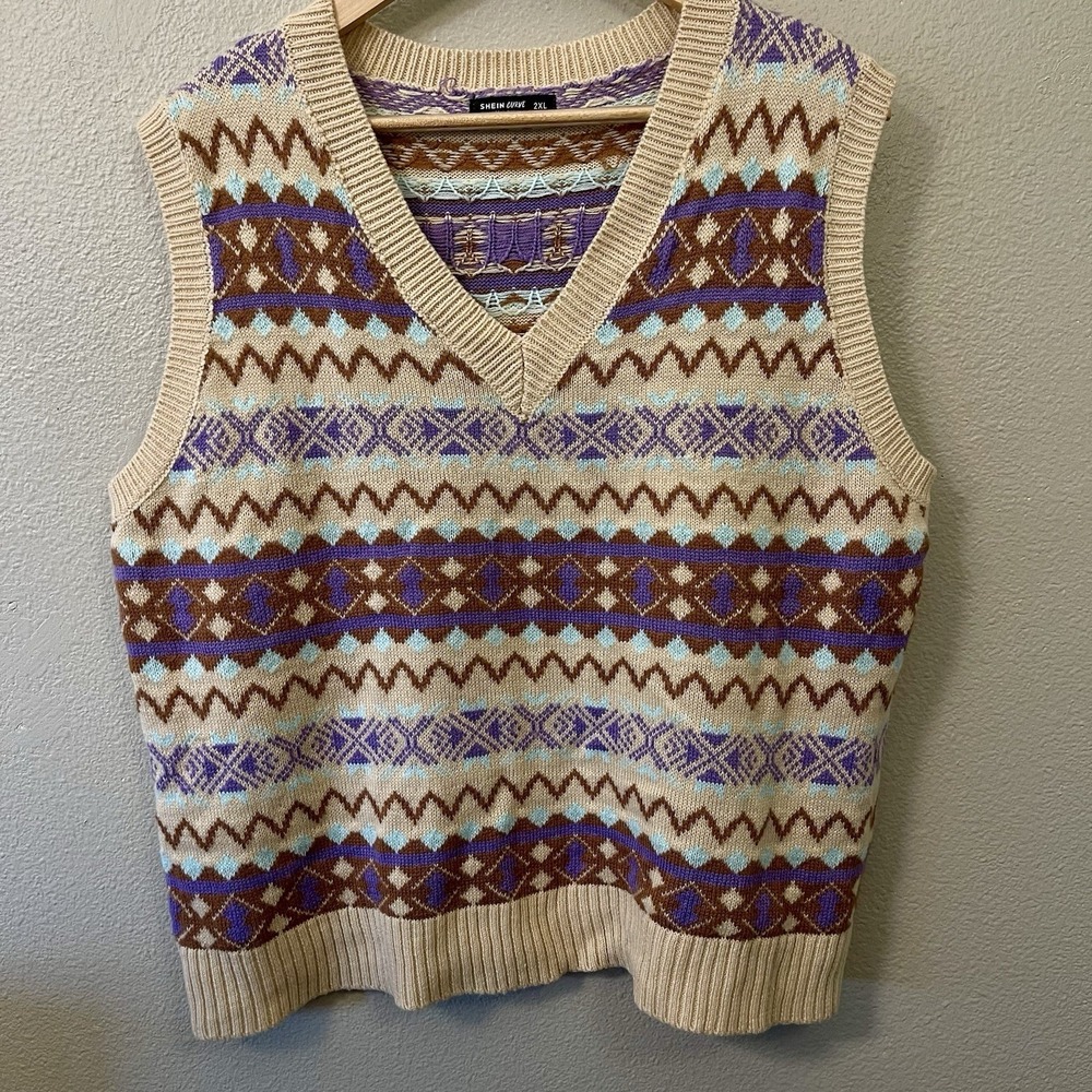 SHEIN Curve Cottagecore Sweater Vest Pattern Beige Purple Grandma Grandpa Sz 2XL